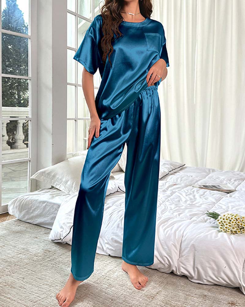 Short-Sleeve Satin Pajama Pants Loungewear