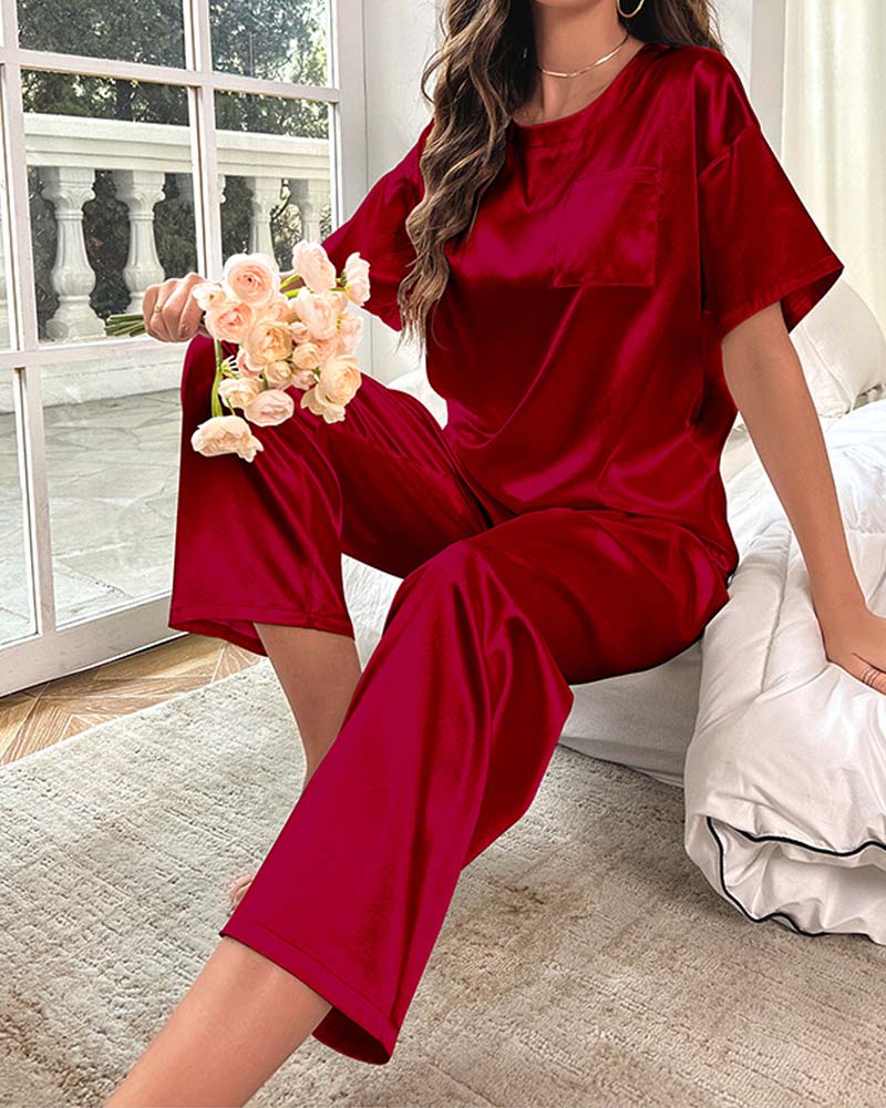 Short-Sleeve Satin Pajama Pants Loungewear