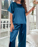 Short-Sleeve Satin Pajama Pants Loungewear