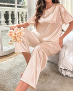 Short-Sleeve Satin Pajama Pants Loungewear
