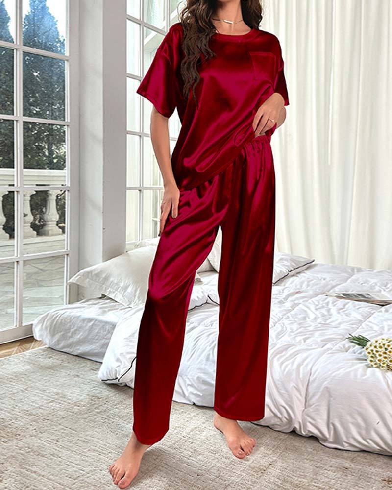 Short-Sleeve Satin Pajama Pants Loungewear