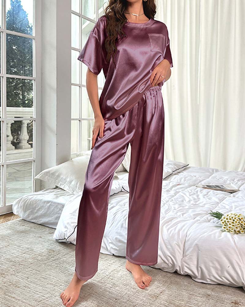Short-Sleeve Satin Pajama Pants Loungewear