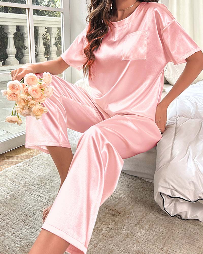 Short-Sleeve Satin Pajama Pants Loungewear
