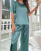Short-Sleeve Satin Pajama Pants Loungewear