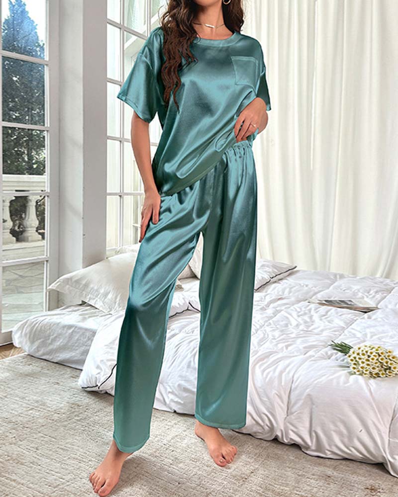 Short-Sleeve Satin Pajama Pants Loungewear