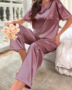 Short-Sleeve Satin Pajama Pants Loungewear